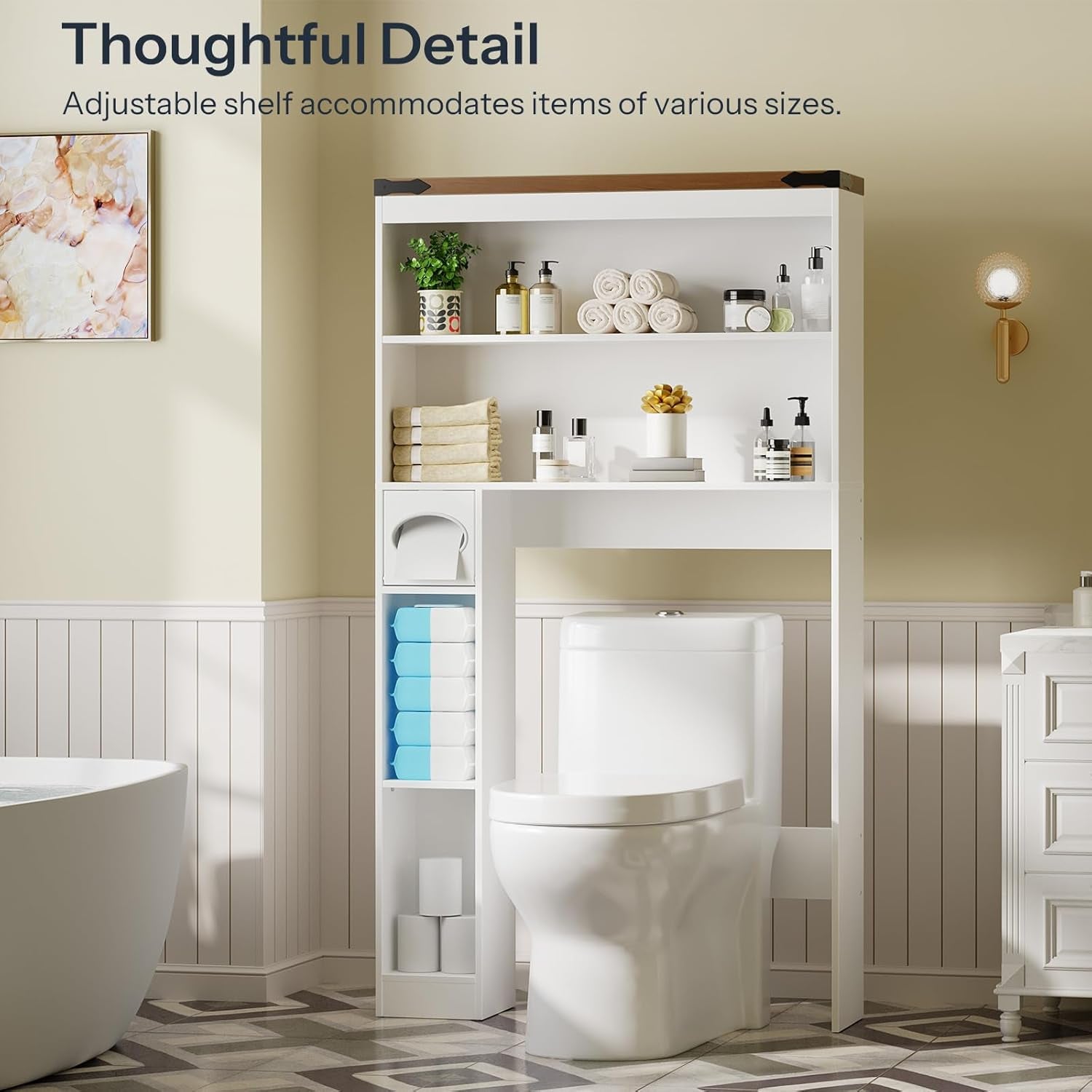 Over-The-Toilet Storage Rack, 3-Tier Freestanding Bathroom Shelves, Wooden Bathroom Organizer with Toilet Paper Holder, Farmhouse Space Saver, Laundry Room, White and Walnut WH20TS01