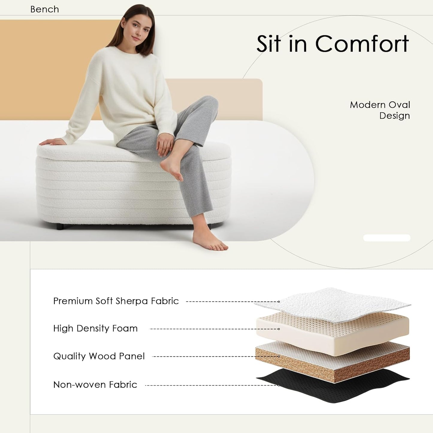 Storage Teddy Ottoman Bench Upholstered Fabric Storage Bench End of Bed Stool with Safety Hinge for Bedroom, Living Room, Entryway, Closet(45.5", White)