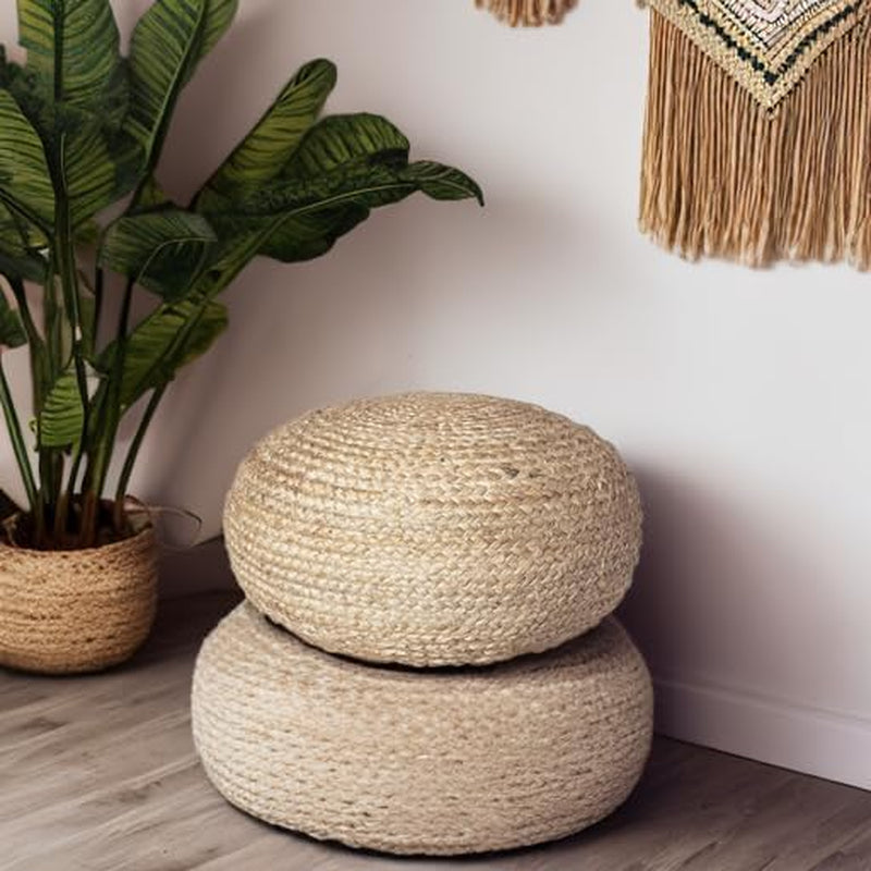 round Pouf Ottoman Footrest, Natural Jute Woven, Boho Pouf, Bohemian Style Casual Seating for Living Room, Bedroom, Patio Decor 19"X 19"X 10.5"