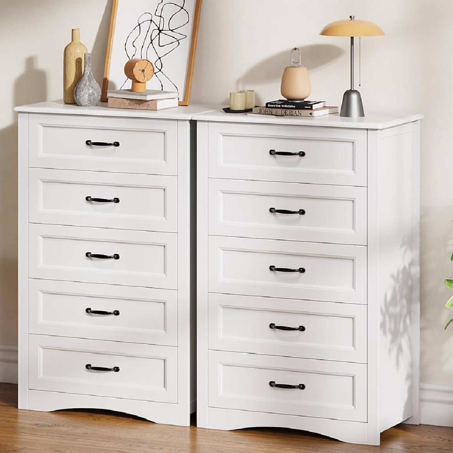 5 Drawer Dresser, White Wood Chest of Drawers for Bedroom, 43.3" Large Capacity Storage Cabinet with Anti-Tip Device, for Clothes, Living Room, Hallway, Office