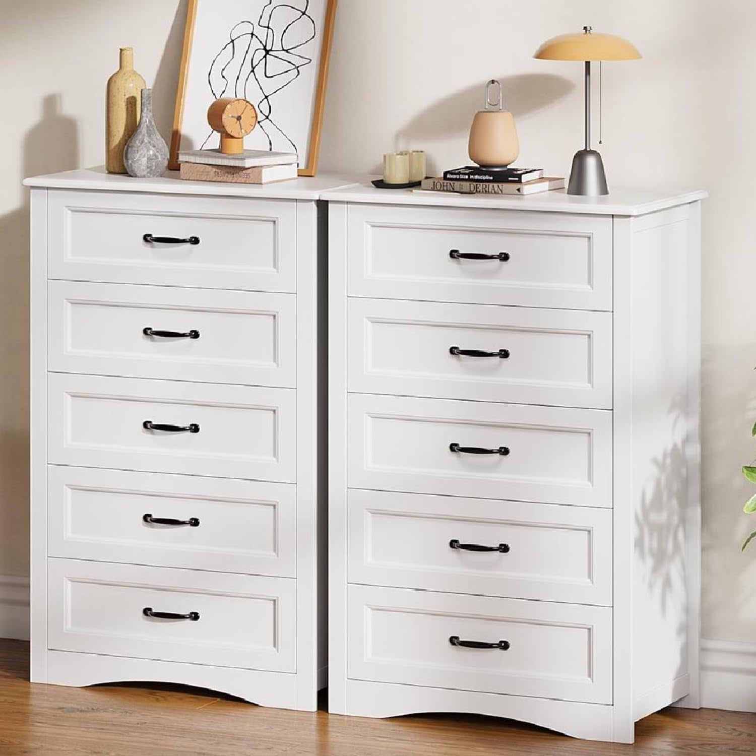 5 Drawer Dresser, White Wood Chest of Drawers for Bedroom, 43.3" Large Capacity Storage Cabinet with Anti-Tip Device, for Clothes, Living Room, Hallway, Office