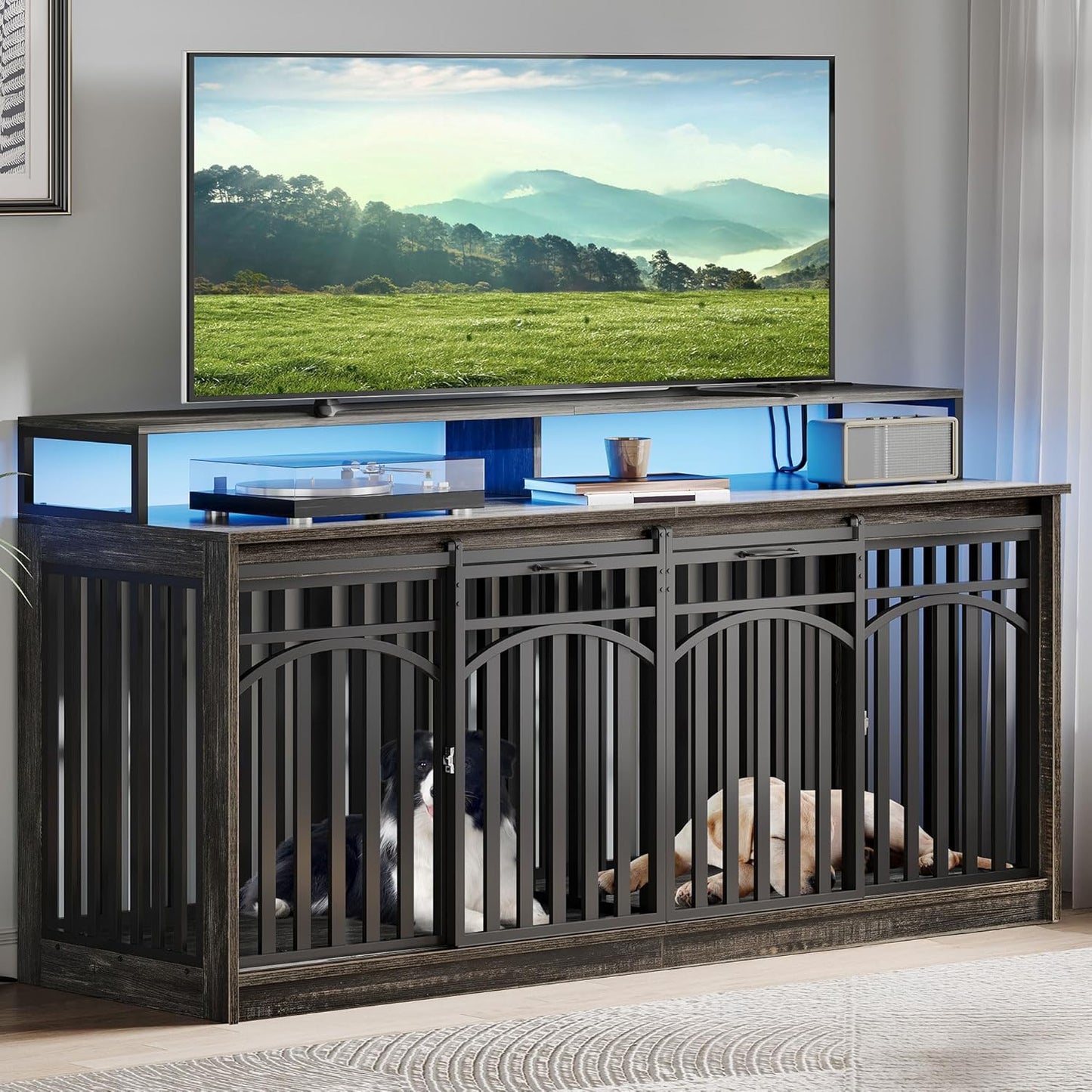71" Double Dog Crate Furniture with LED Light & Power Outlets, Heavy Duty Dual Dog Kennel TV Stand W Storage Shelves Sliding Doors, Wooden Two Dog Cage Table 2 Medium Large Dogs, Black Oak