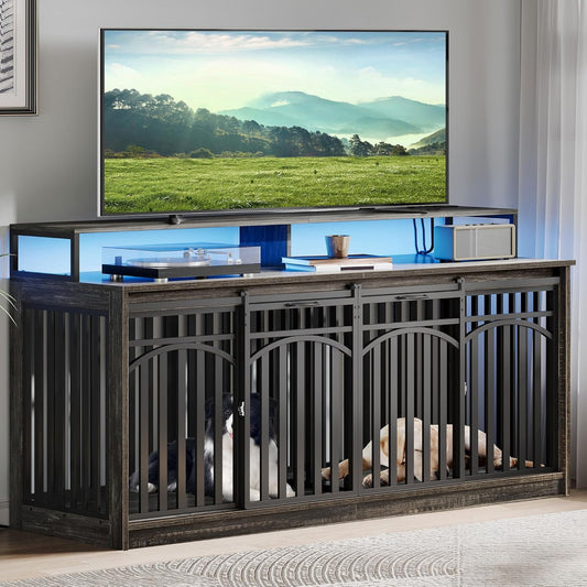 71" Double Dog Crate Furniture with LED Light & Power Outlets, Heavy Duty Dual Dog Kennel TV Stand W Storage Shelves Sliding Doors, Wooden Two Dog Cage Table 2 Medium Large Dogs, Black Oak