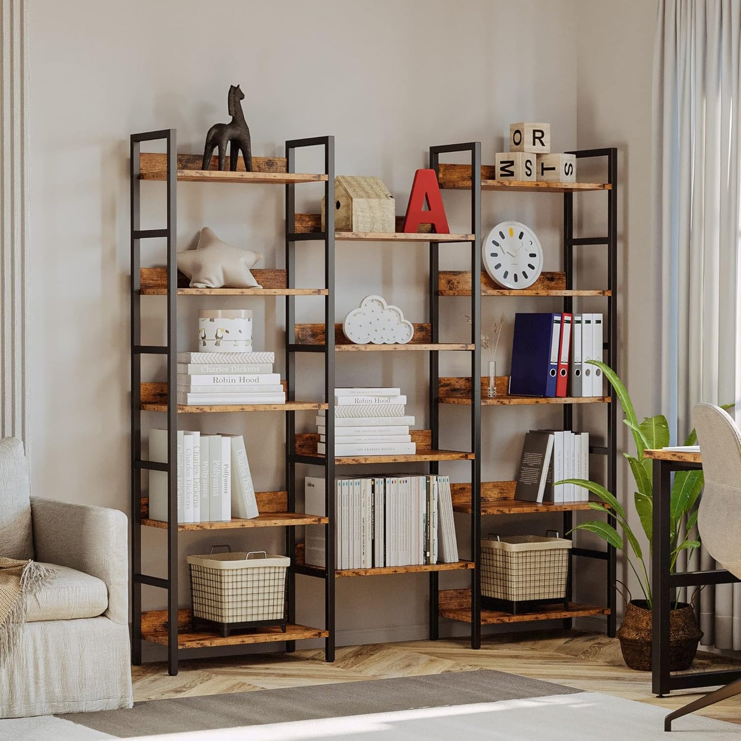 Bookshelf, Bookshelves and Bookcases, 5 Tiers Bookshelf with Baffles, Large Book Shelf with Metal Shelving, Triple Wide Shelves for Living Room, Home Office
