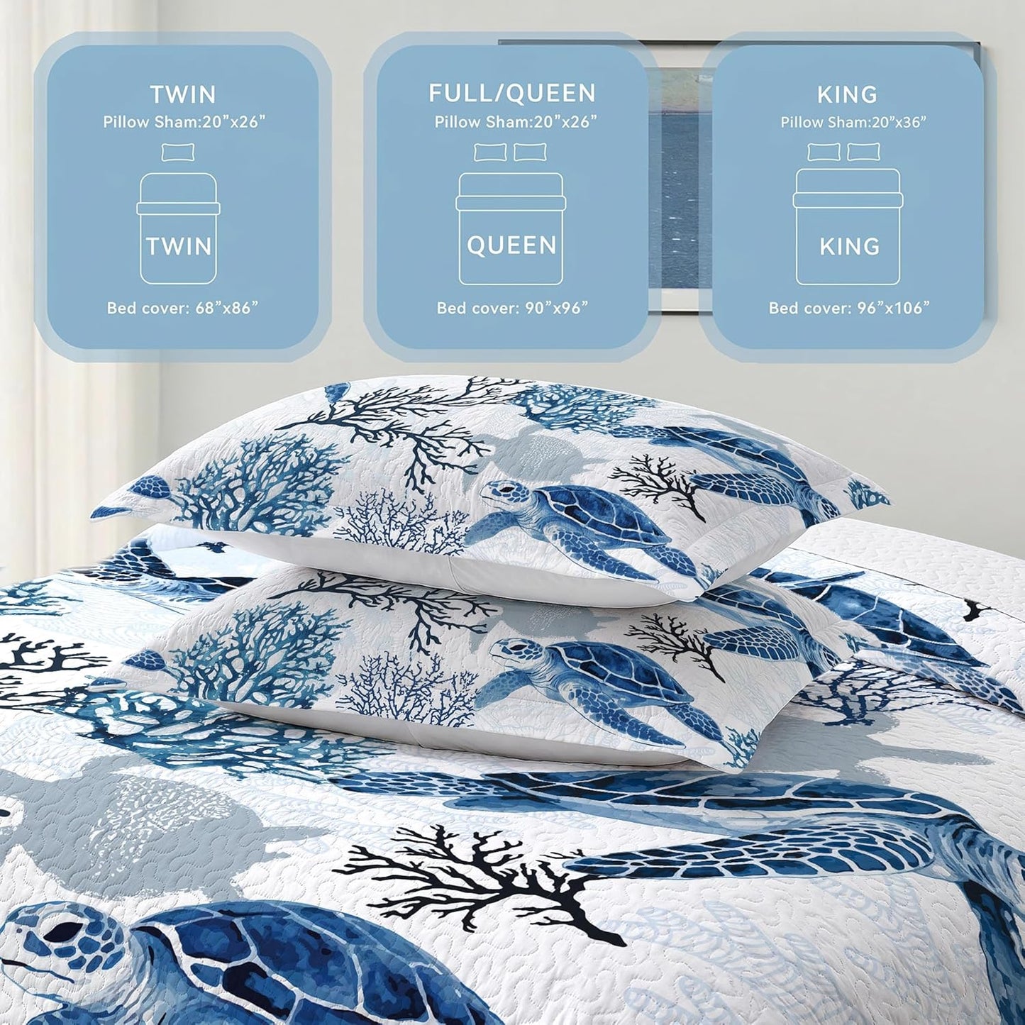 Coastal Bedding King Size Coastal Quilt with 2 Shams, Nautical Beach Comforter Sets Ocean Bedspreads Blue Seaturtle Coverlet Summer Bedding, 96''X106''