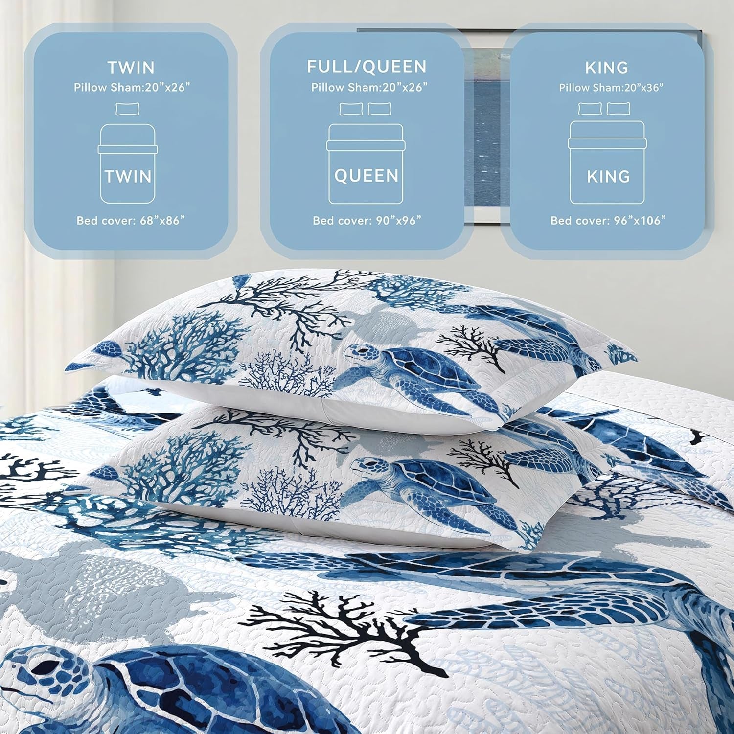 Coastal Bedding King Size Coastal Quilt with 2 Shams, Nautical Beach Comforter Sets Ocean Bedspreads Blue Seaturtle Coverlet Summer Bedding, 96''X106''