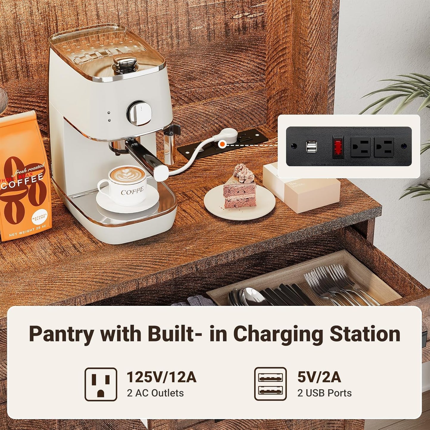 71" Tall Ktchen Pantry Cabinet with Charging Station & LED Lights, Farmhouse Kitchen Hutch Cabinet with Microwave Stand & Large Countertop for Dining Room Living Room, Brown