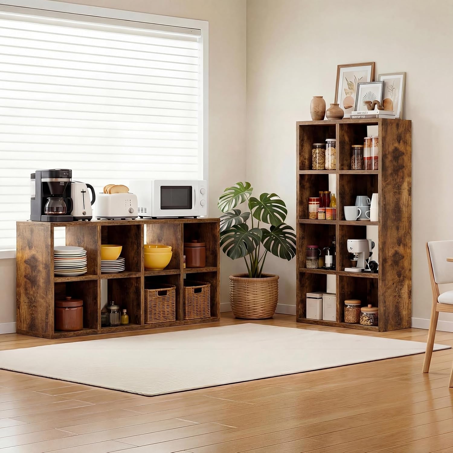 8-Cube Storage Organizer, Stackable Modular Bookcase Shelf with Vertical or Horizontal Use, Fits 11×11" Bins, Optional Back Panels, for Living Room, Office Rustic Brown