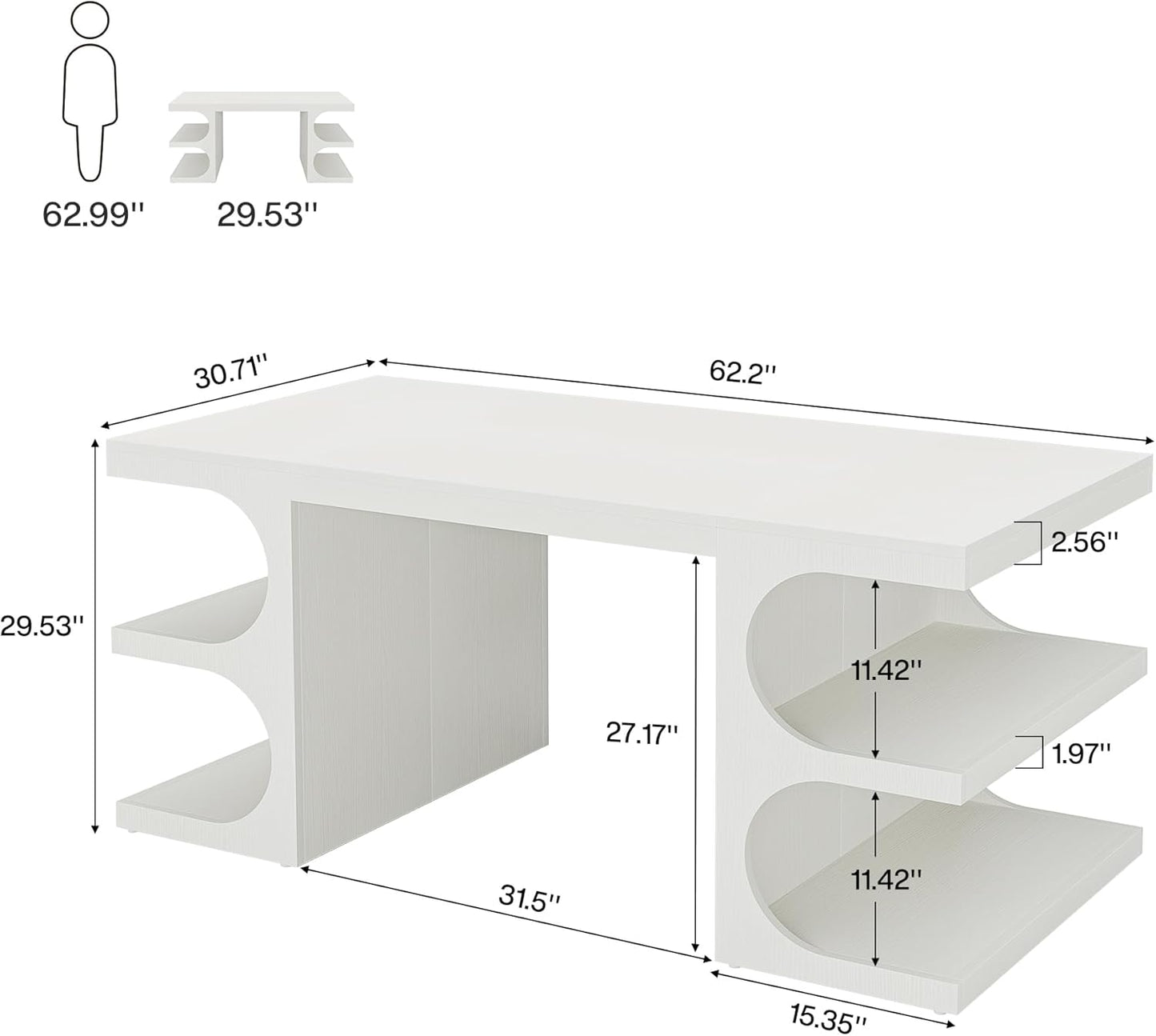 White Executive Office Desk, 63" Computer Desk with Storage Shelves, Modern Wood Study Writing Table, Large Workstation Business Furniture for Home Office (Table Only)