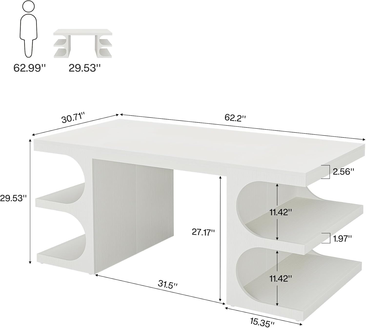 White Executive Office Desk, 63" Computer Desk with Storage Shelves, Modern Wood Study Writing Table, Large Workstation Business Furniture for Home Office (Table Only)
