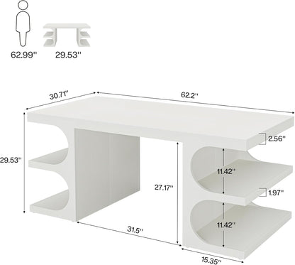 White Executive Office Desk, 63" Computer Desk with Storage Shelves, Modern Wood Study Writing Table, Large Workstation Business Furniture for Home Office (Table Only)
