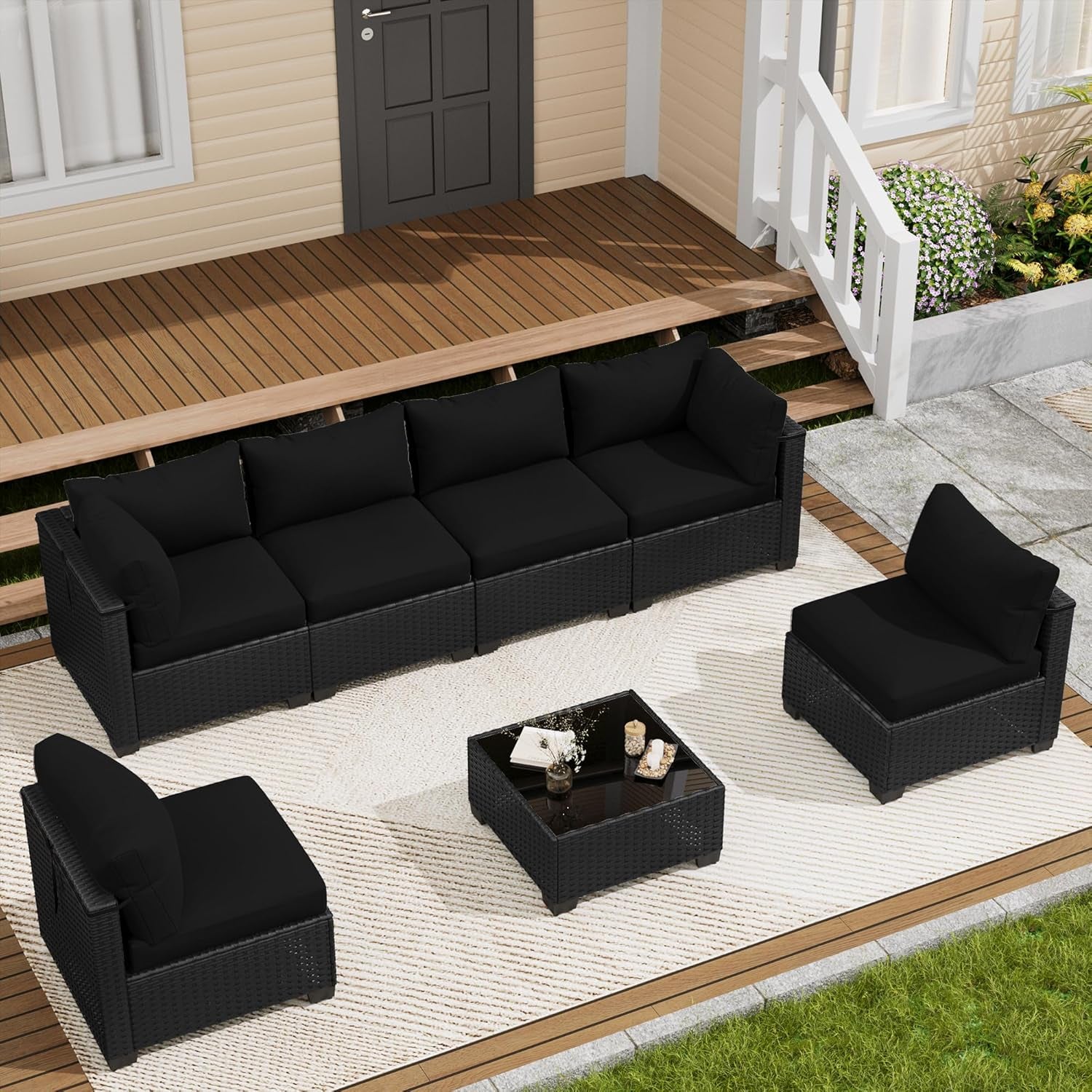 7 Piece Outdoor Patio Furniture Set, Outdoor Sectional Sofa, Wicker Rattan Patio Furniture, Patio Conversation Set with Coffee Table & Cushions