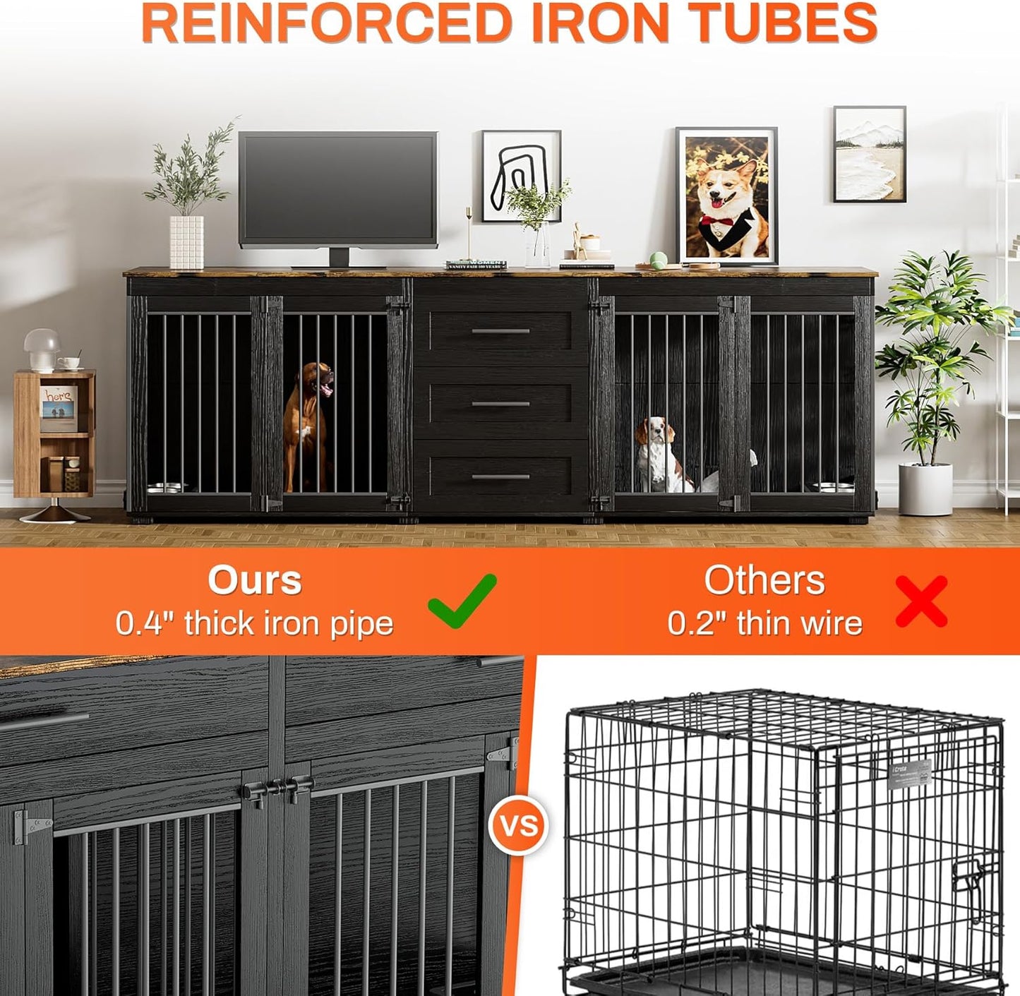94.5" Dog Crate Furniture for 2 Dogs, Large Dog Kennel Furniture with 3 Storage Drawer, Wooden Dog Cage with 4 Bowls, Indoor Dog House TV Stand with Locks for Large Medium Dog, Grey