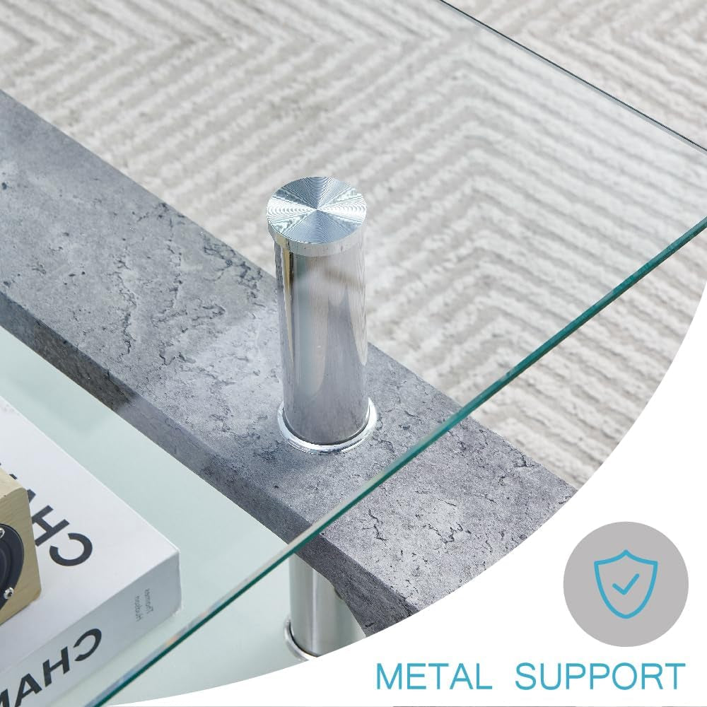 Living Room Rectangle Coffee Table, Tea Table Suitable for Waiting Room, Modern Side Coffee Table with Wooden Leg, Glass Tabletop with Lower Shelf,Grey Marble