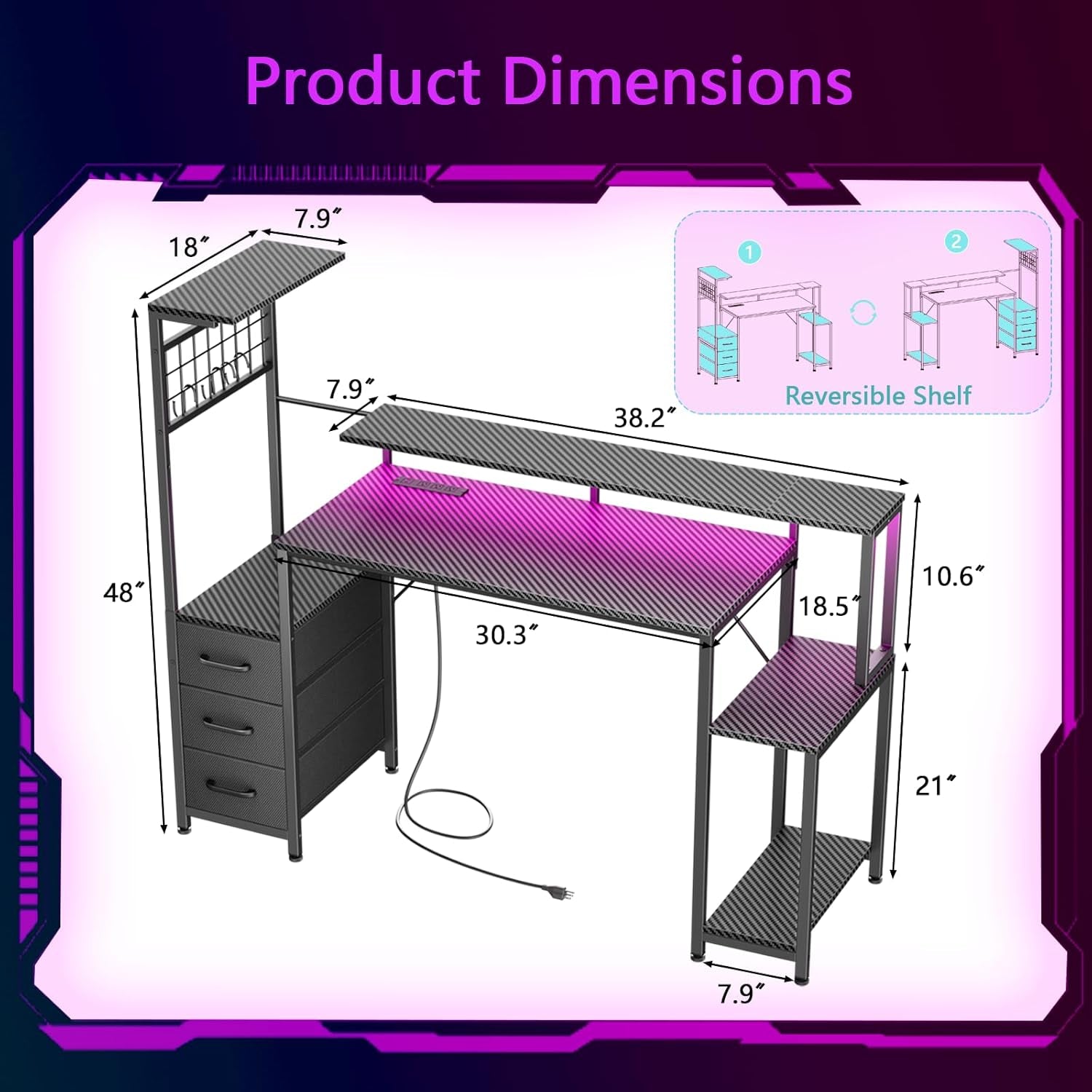 48 Inch Gaming Desk with LED Lights & Power Outlets,Computer Desk with Fabric Drawers & Side Hook,Reversible Gamer Table with Monitor Stand for Game Room,Home Office,Carbon Fiber Black