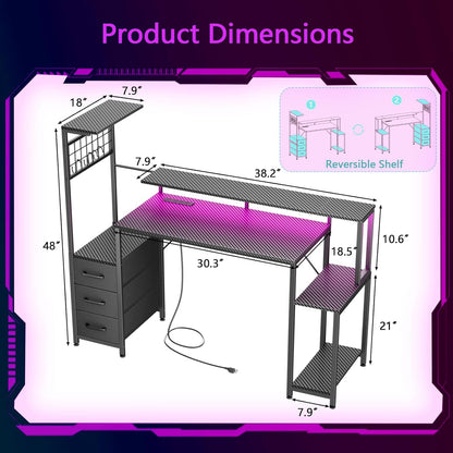 48 Inch Gaming Desk with LED Lights & Power Outlets,Computer Desk with Fabric Drawers & Side Hook,Reversible Gamer Table with Monitor Stand for Game Room,Home Office,Carbon Fiber Black