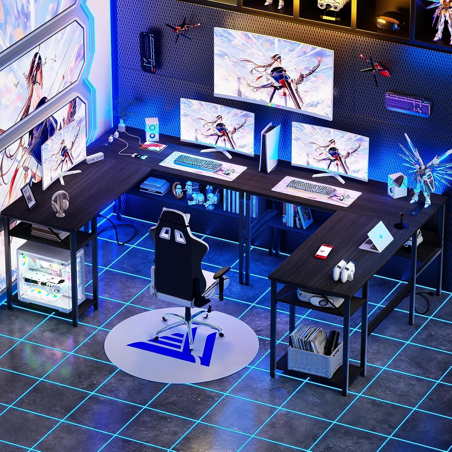 L Shaped Computer Desk with LED Strip and Power Outlets, Reversible Corner Desk with Monitor Stand and Storage Shelf, Modern Gaming Home Office Table with USB Ports, White