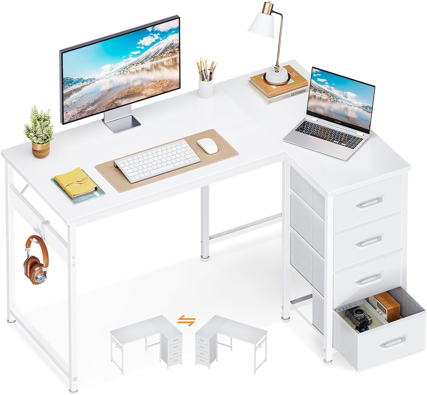 L Shaped Desk with 4 Drawers, 40" Small White Computer Desk with Storage, Reversible Kids Study Desk with Hook, Corner Desk for Home Office
