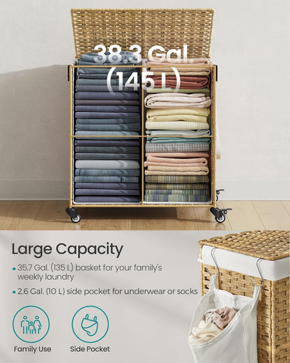Laundry Hamper with Lid, 38.3 Gallons (145 L), Rolling Laundry Basket with Wheels, 2-Section Synthetic Rattan, Removable Liner, Bedroom, 21.7 X 15.7 X 26 Inches, Natural Color ULCB262Y01
