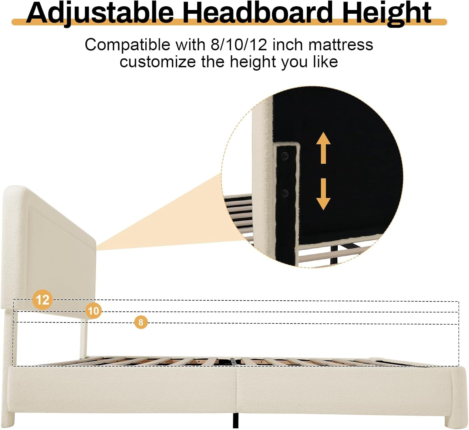 Queen Size Boucle Bed Frame, Modern Cream Bed Frame with Headboard, Soft Rounded Corners, No Box Spring Required, Adjustable Headboard, Easy Assembly