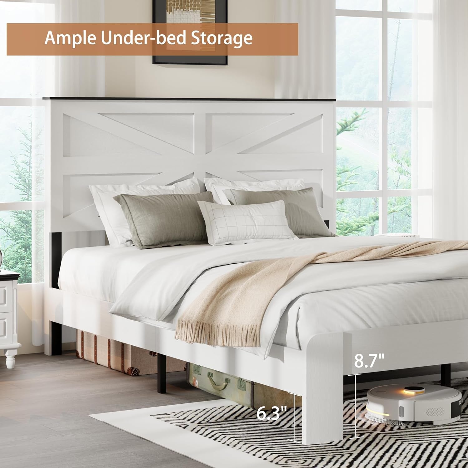 Farmhouse Queen Size Wooden Bed Frame with Headboard, Boho Platform Bedframe, Sturdy Metal Slats Support, No Box Spring Needed, Noise Free, Easy Assembly, White