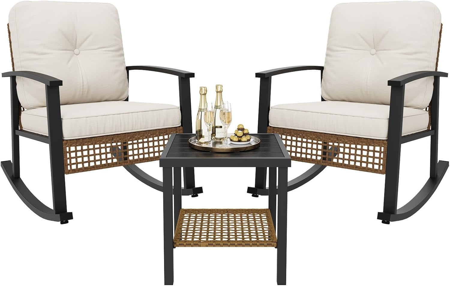 3-Piece Outdoor Rocking Bistro Set, Patio Furniture Set with Coffee Table and Thick Cushions, Wicker Rocking Chairs Set of 2 for Garden, Balcony, Backyard, Poolside (Beige)