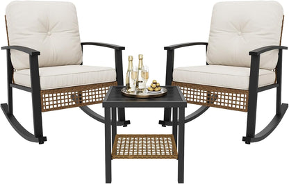 3-Piece Outdoor Rocking Bistro Set, Patio Furniture Set with Coffee Table and Thick Cushions, Wicker Rocking Chairs Set of 2 for Garden, Balcony, Backyard, Poolside (Beige)