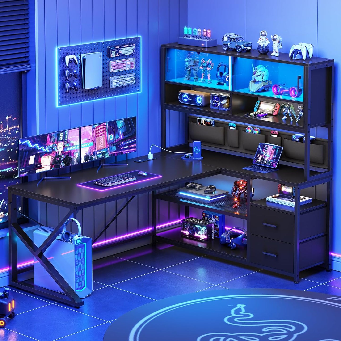 L Shaped Gaming Desk, Home Office Computer Desk with 2 Drawer and Bookshelf, L Shaped Gaming Desk with LED Light, Glass Cabinet and Storage Bag, Corner Desk with Storage Shelves, Black