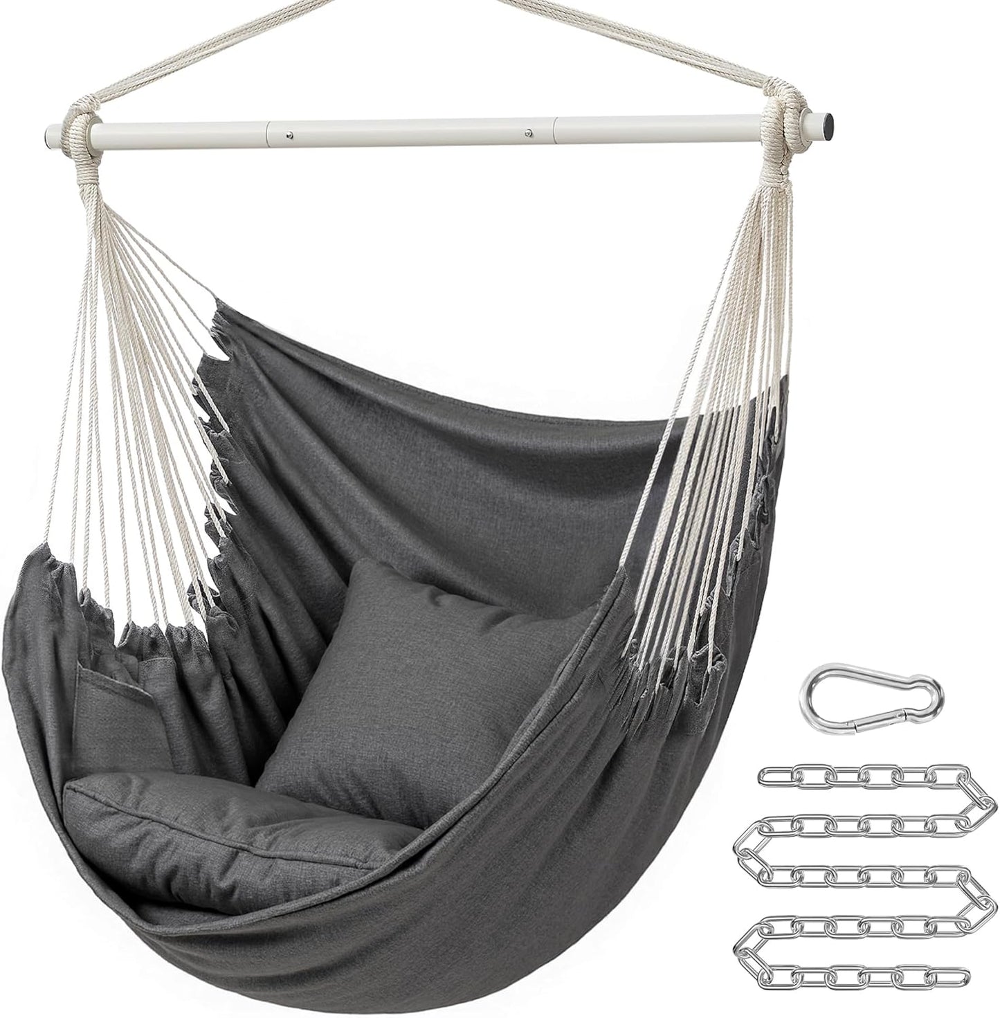 Hammock Chair, Load Capacity 500 Lb, Hanging Chair with 2 Cushions, Large Hammock Swing with Chain and Pocket, for Indoor, Outdoor, Living Room, Bedroom, Slate Gray UGDC197G02
