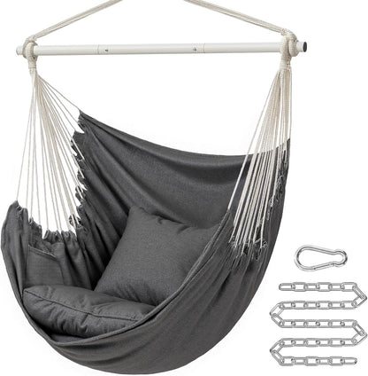 Hammock Chair, Load Capacity 500 Lb, Hanging Chair with 2 Cushions, Large Hammock Swing with Chain and Pocket, for Indoor, Outdoor, Living Room, Bedroom, Slate Gray UGDC197G02