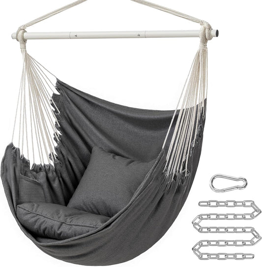Hammock Chair, Load Capacity 500 Lb, Hanging Chair with 2 Cushions, Large Hammock Swing with Chain and Pocket, for Indoor, Outdoor, Living Room, Bedroom, Slate Gray UGDC197G02