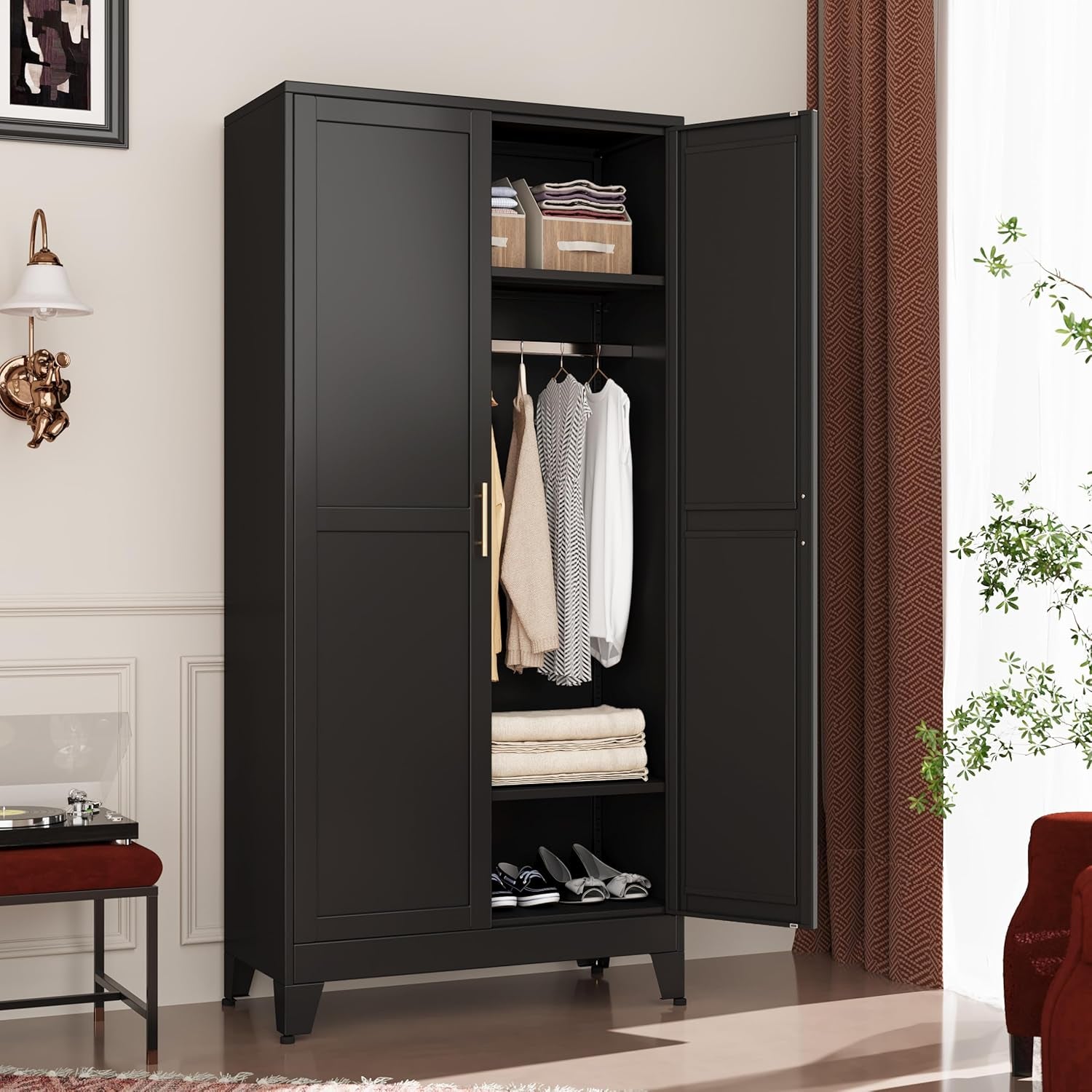 Metal Wardrobe Cabinet with Hanging Rod, 71" Metal Clothing Storage Cabinets with 2 Doors and Adjustable Shelves, Black Armoire Wardrobe Closet for Bedroom, Laundry Room, Cloak Room