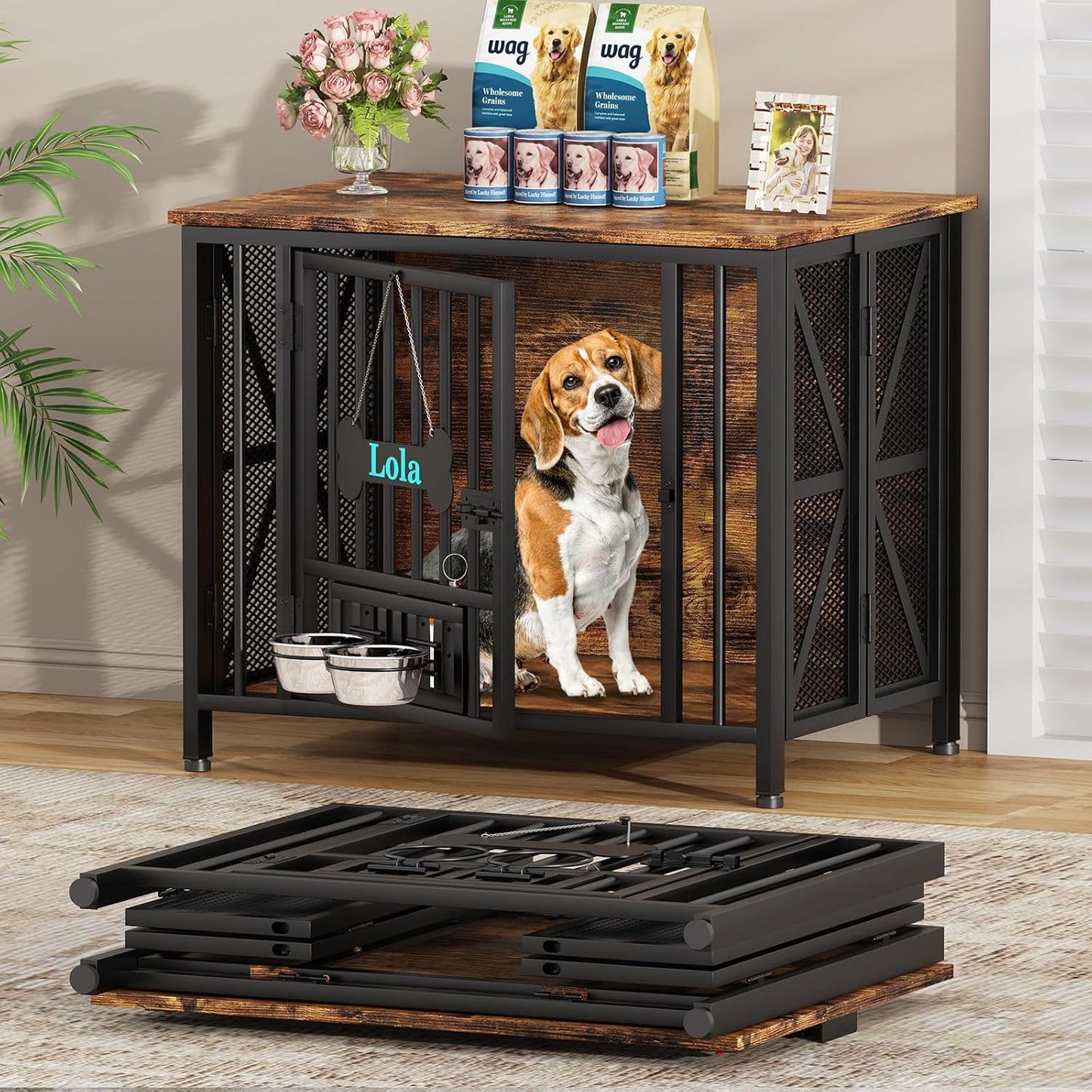 Dog Crate Furniture, 31.5" Assembly-Free Dog Crates for Small & Medium Dogs, Foldable Dog Kennel Indoor with Tag & Adjustable Dog Bowls, Wooden Dog Cage Use as End Table, Rustic Brown