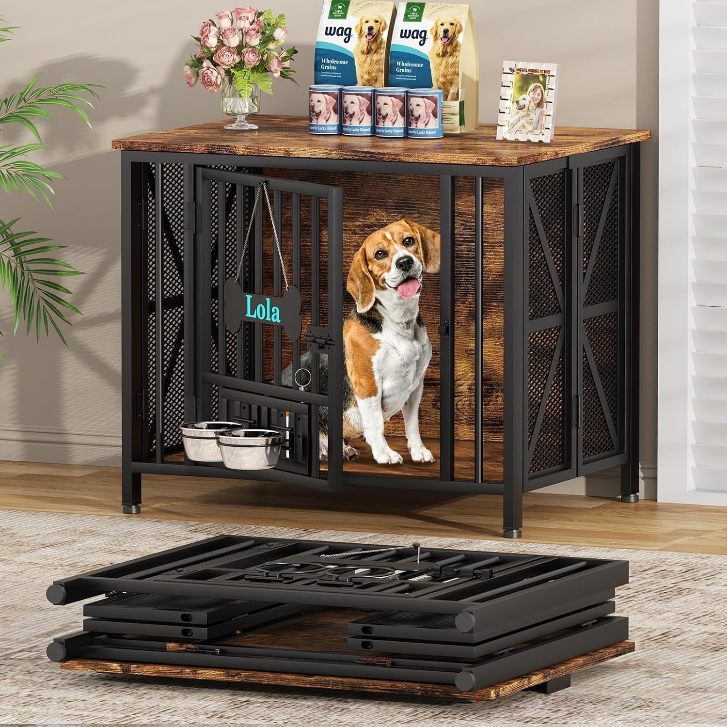 Dog Crate Furniture, 31.5" Assembly-Free Dog Crates for Small & Medium Dogs, Foldable Dog Kennel Indoor with Tag & Adjustable Dog Bowls, Wooden Dog Cage Use as End Table, Rustic Brown
