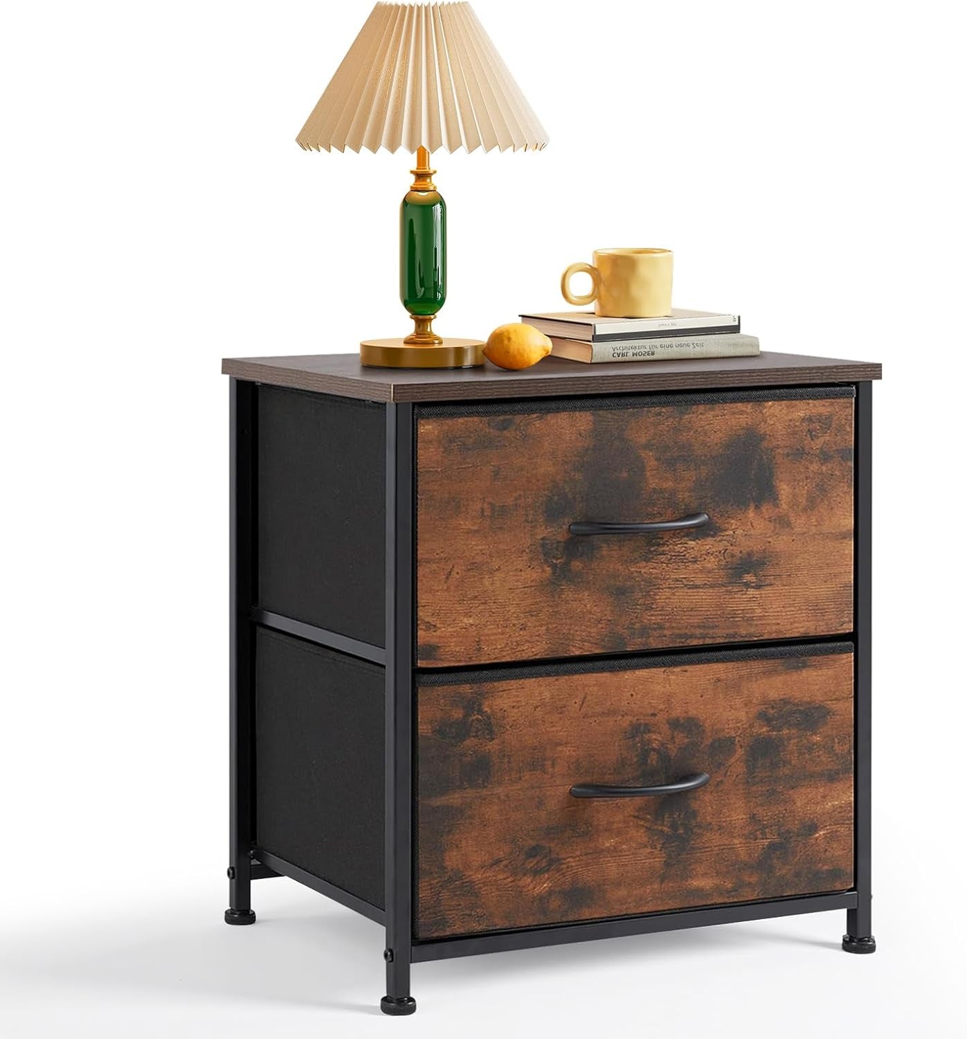 Nightstand, Small 2 Drawer Dresser End Table Bedside Furniture, Wooden Top Fabric Bins for Bedroom, Closet, Entryway, Dorm, 11.8" D X 18" W X 20", Black