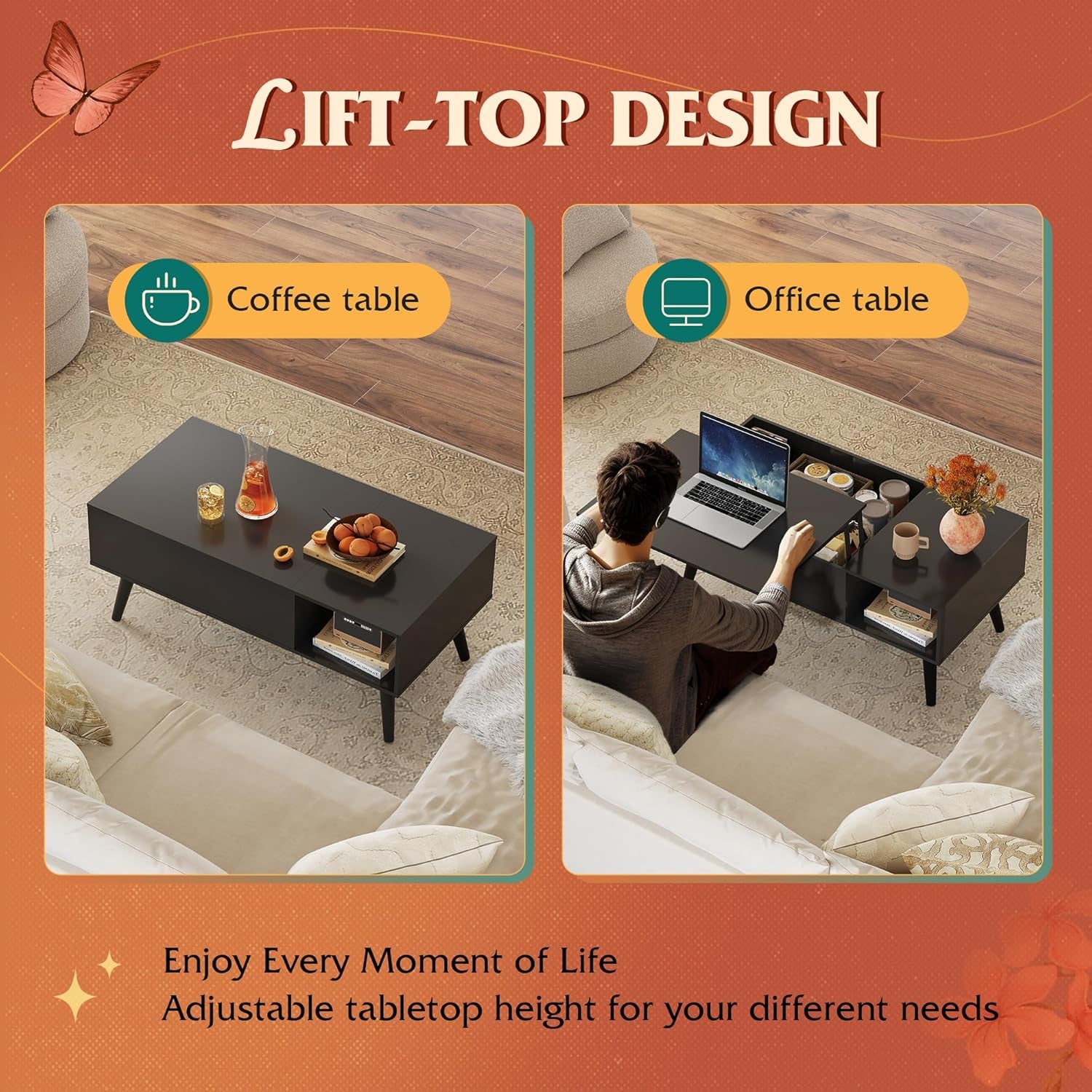 Coffee Table for Living Room, Lift Top Coffee Table with Storage, Small Rising Wooden Dining Center Table with Storage Shelf & Hidden Compartment, 39" Black