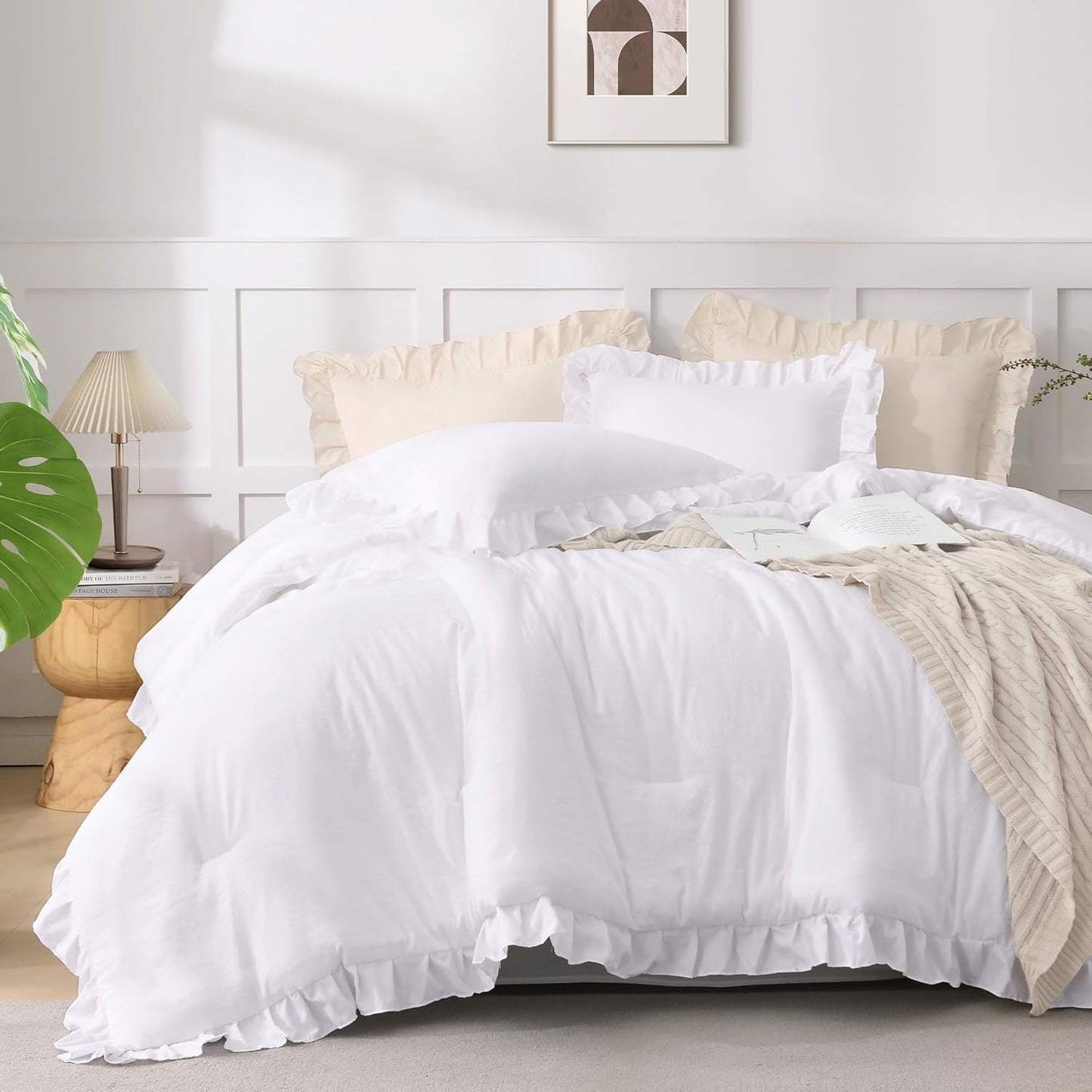 Comforter Full Size Set White, 3 Pieces Ruffle Farmhouse Shabby Chic Gift Full Comforter Set, Soft Lightweight Fluffy All Season Room Decor Bed Set for Girls Women Teens Daughter