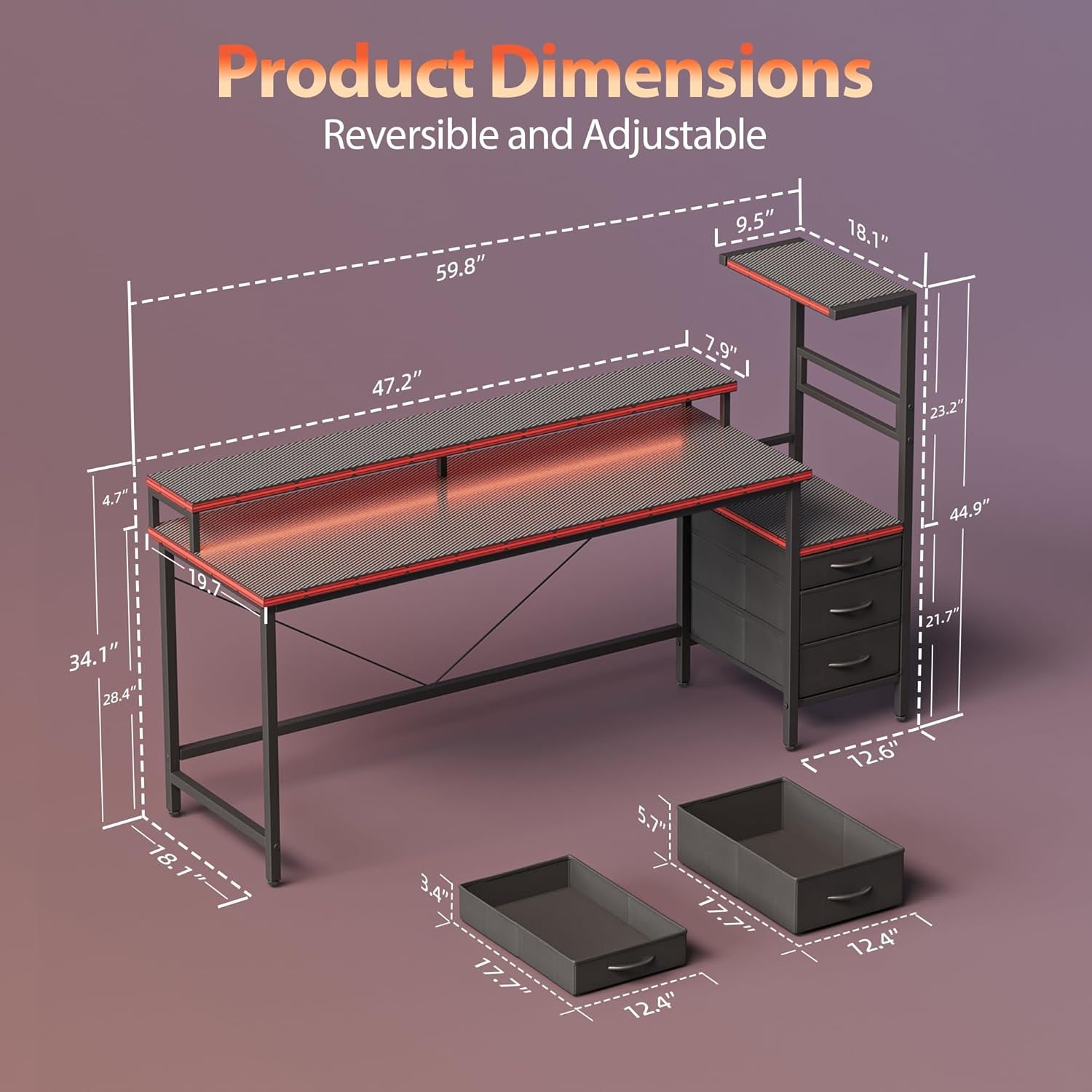 Gaming Desk with Power Outlets & LED Lights, Reversible Computer Desk with PC Case Stand, Fabric Drawers, Modern Office Desk with Shelves, Monitor Stand (Djk-Carbon Fiber Black, 60 Inch)