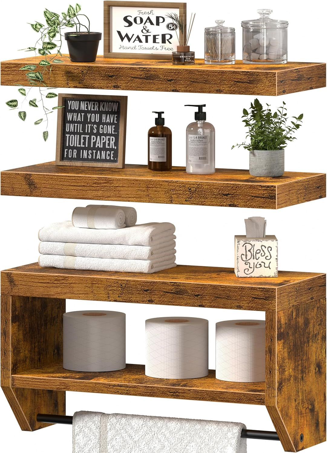 Bathroom Floating Shelves for Wall - Shelf over Toilet Paper Storage Farmhouse 16 Inch Set of 3, Rustic Brown (028-40BN3)