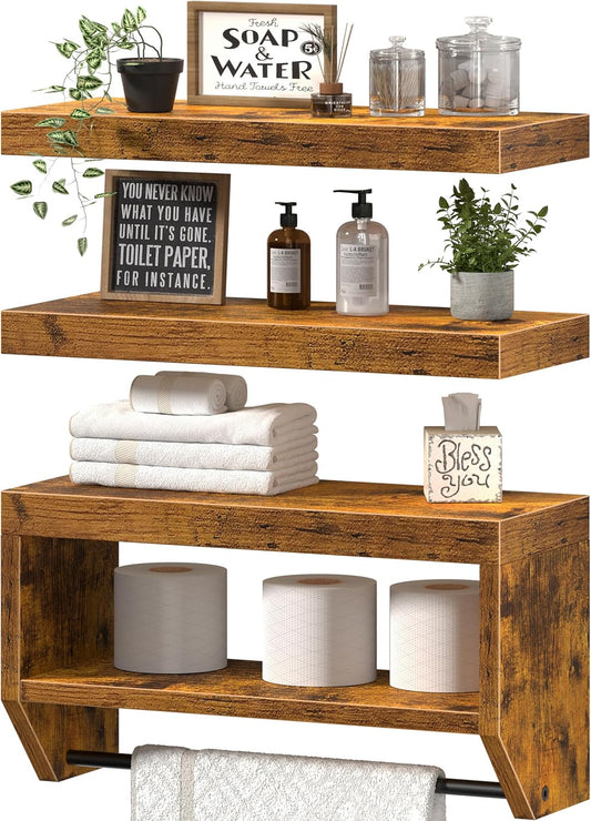 Bathroom Floating Shelves for Wall - Shelf over Toilet Paper Storage Farmhouse 16 Inch Set of 3, Rustic Brown (028-40BN3)