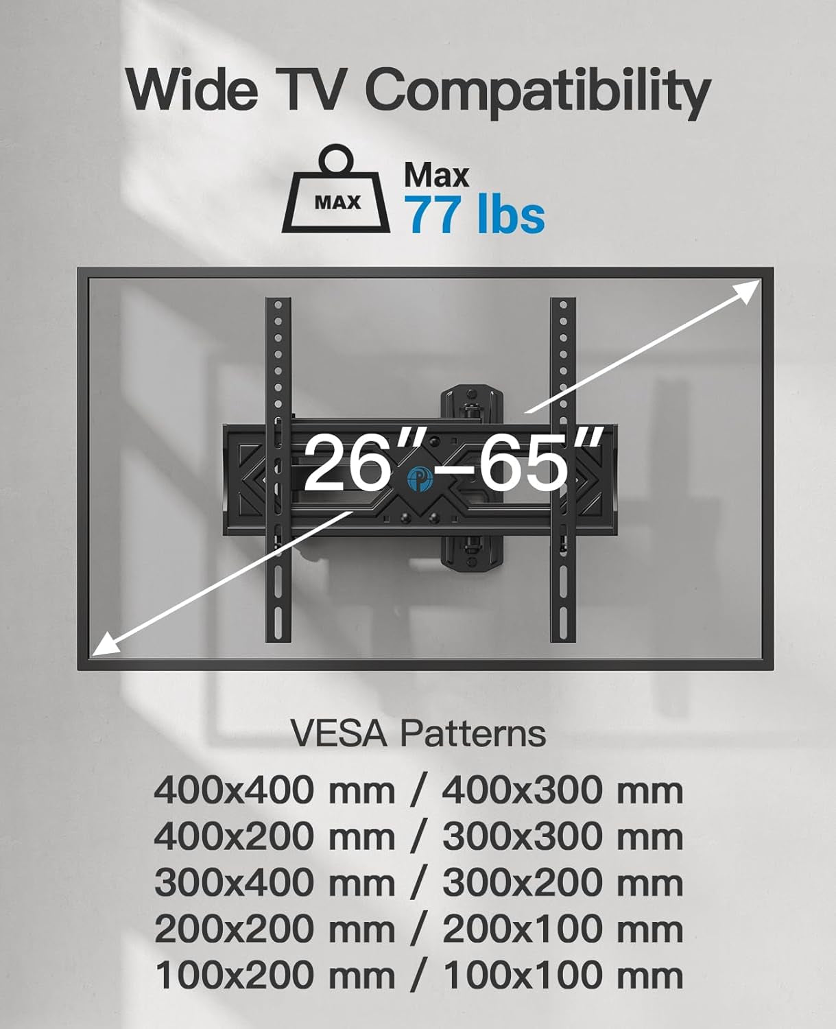 Full Motion TV Wall Mount for 26-65 Inch Flat Curved Tvs, Heavy Duty Single Articulating Arms, Corner TV Mount up to VESA 400X400Mm and 77Lbs, Support Swivel, Tilt, Level Adjustment