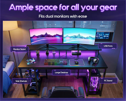 48 Inch Gaming Desk with LED Lights & Power Outlets, Computer Desk with Monitor Stand & Storage Shelves, CPU Stand, Home Office Desk, Black