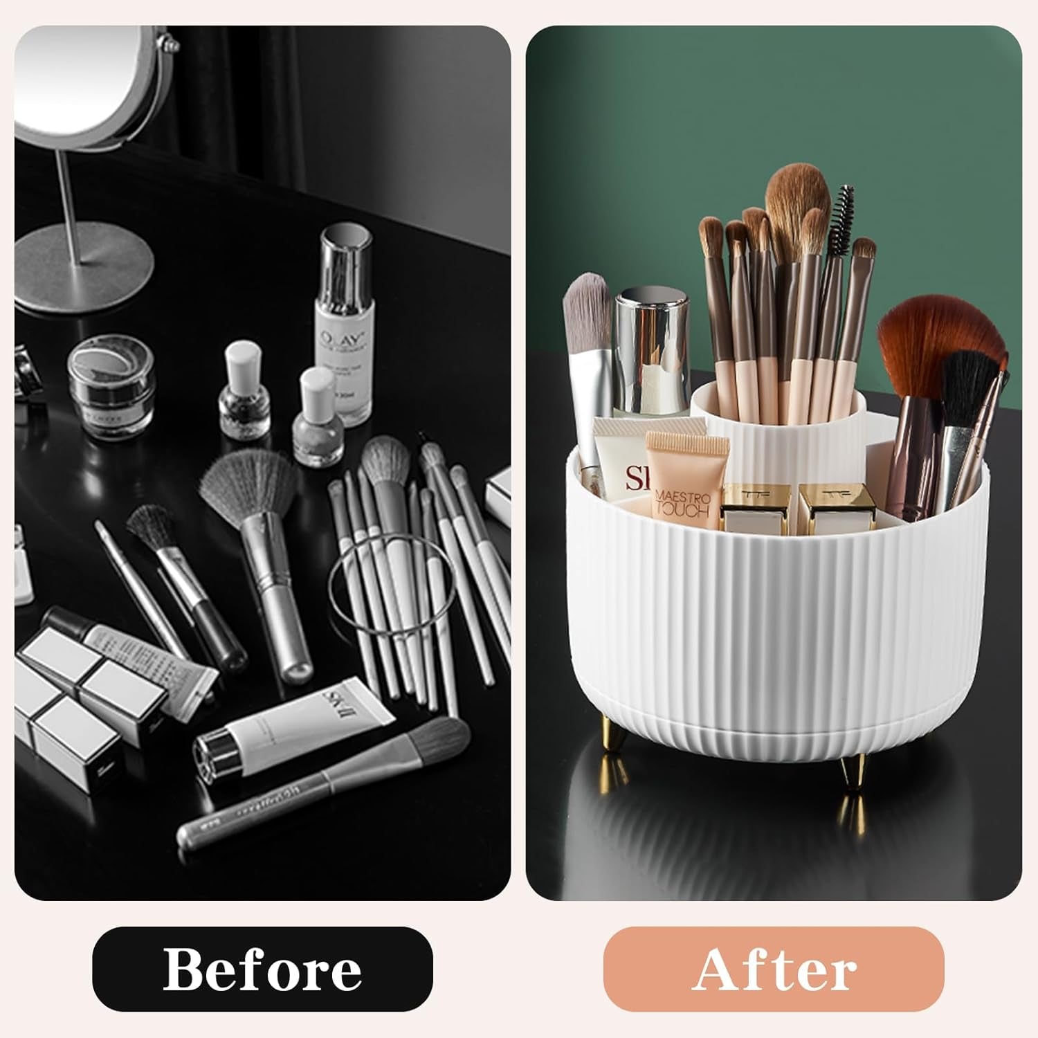 360° Rotate Makeup Brush Holder Organizer, Makeup Organizers Countertop, Makeup Organization and Skincare Storage for Vanity, Desktop, Bathroom (White)