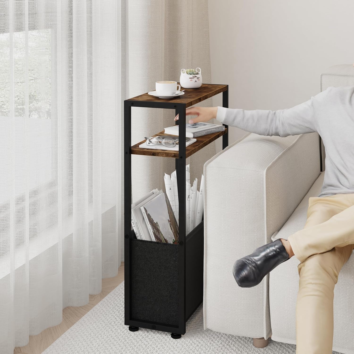 Narrow Side Table, Slim End Tables with Fabric Basket, Skinny Table for Small Spaces, Thin Bedside Table for Living Room, Bedroom