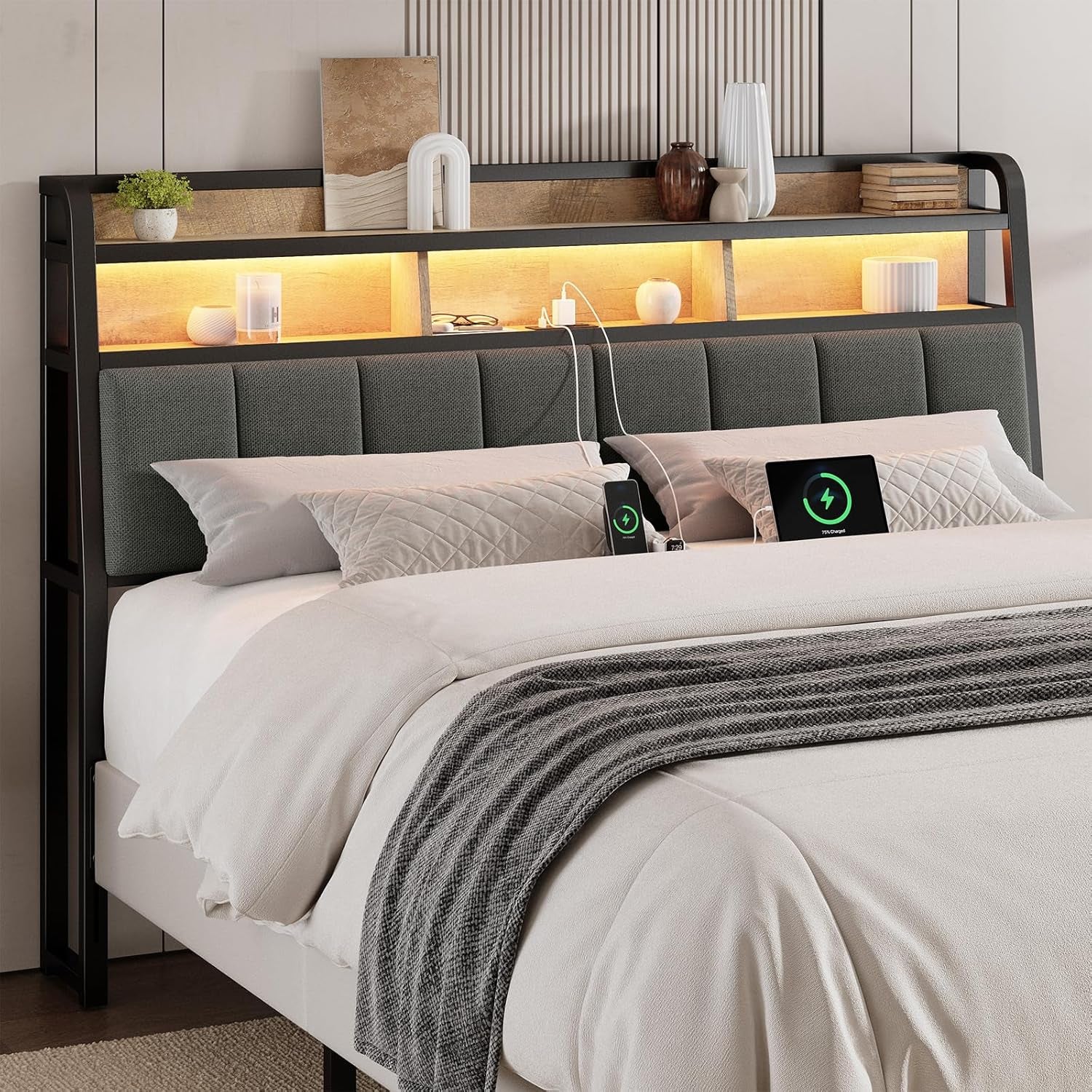 Ergonomic Headboard for Queen Size Bed with 2-Tier Storage, Upholstered Headboard with Outlets, USB Ports, LED Light, Queen Head Board Only, Height Adjustable, Sturdy and Stable, Black & Brown