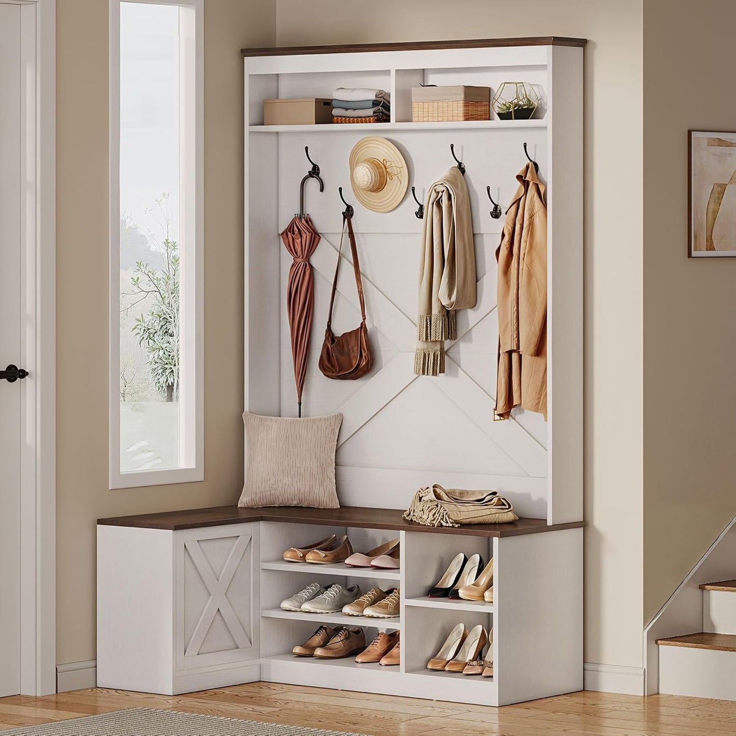 L-Shaped Hall Tree with Bench & Storage, Corner Entryway Organizer with 5 Shoe Shelves, Hidden Seat Compartment, Hooks & Open Top Storage for Living Room & Hallway, Walnut & Off-White