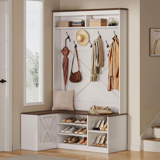 L-Shaped Hall Tree with Bench & Storage, Corner Entryway Organizer with 5 Shoe Shelves, Hidden Seat Compartment, Hooks & Open Top Storage for Living Room & Hallway, Walnut & Off-White
