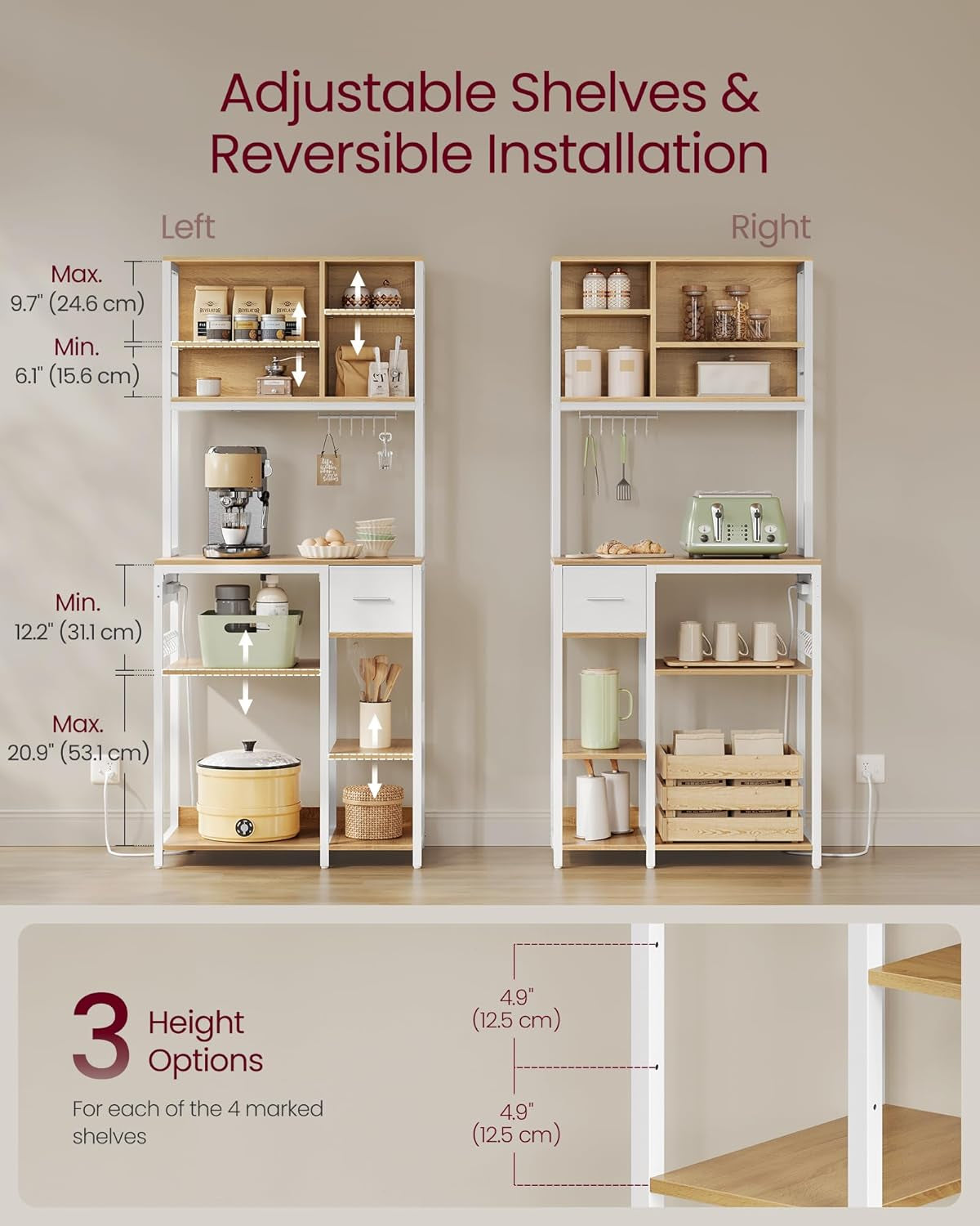 Bakers Rack with Charging Station, Coffee Bar with Adjustable Storage Shelves, Fabric Drawer, 12 Hooks, 15.7 X 31.5 X 71 Inches, Kitchen Microwave Stand, Golden Oak and Cloud White UKKS015Y03