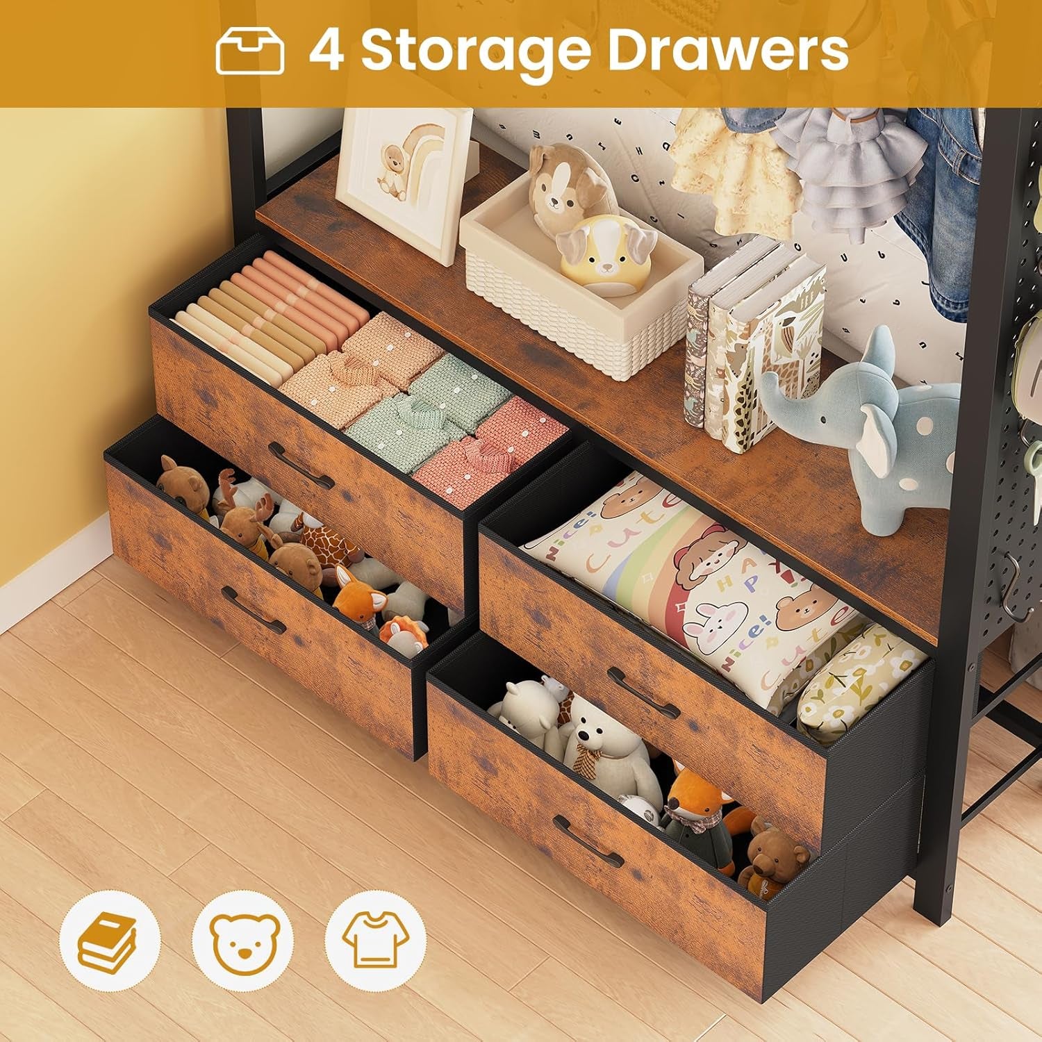 Metal Bunk Bed Twin over Twin with Hall Tree, Power Outlet, LED Bunk Bed with 4 Storage Drawers, Bed with Safety Guardrail & Ladders, No Box Spring Needed, Easy Assembly, Rustic Brown