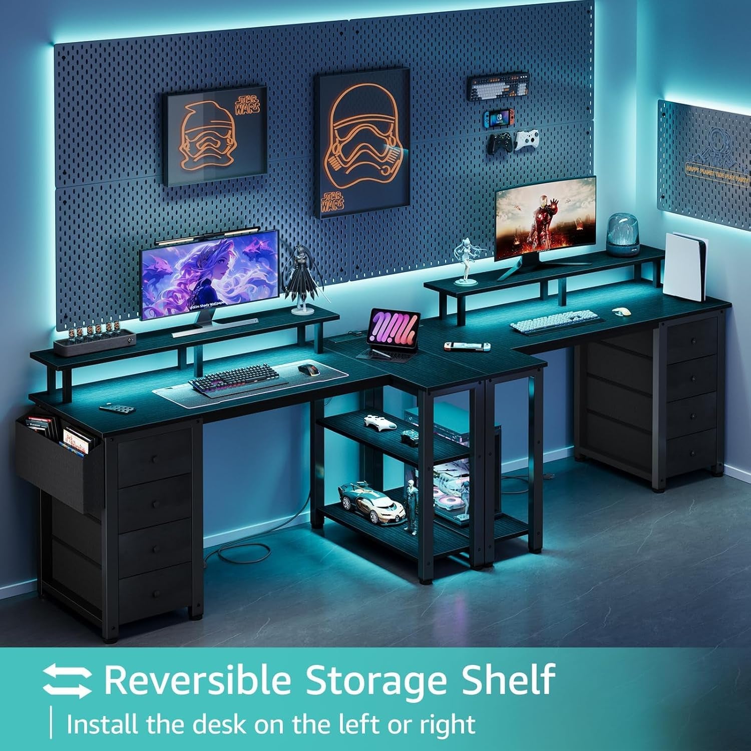 Black L Shaped Desk with Led Lights and Power Outlets, 47 Inch Writing Study Computer Gaming Desks with Fabric Drawers for Bedroom, Home Office Corner Desk with Monitor Stand Shelves, Black